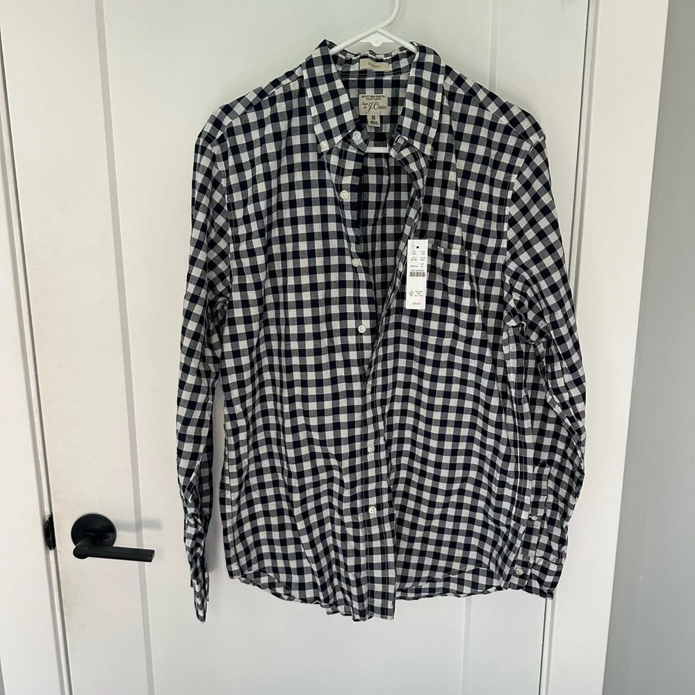 J. Crew Navy and White Gingham Classic Fit Medium Shirt
